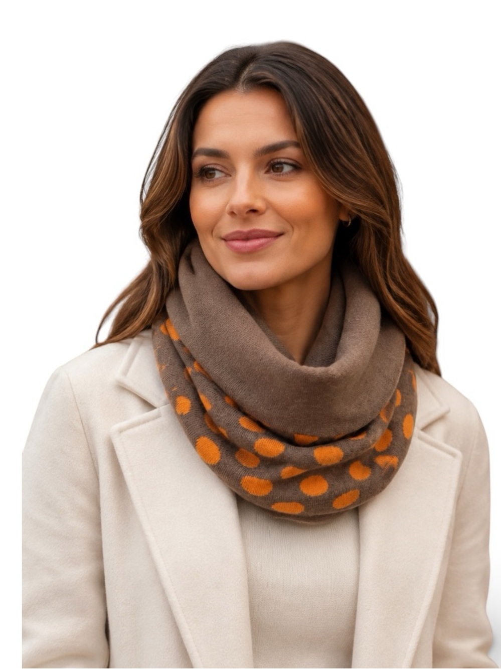 Portolano Walnut Tangerine Polka Dot Merino Wool Cashmere Infinity Scarf NWOT